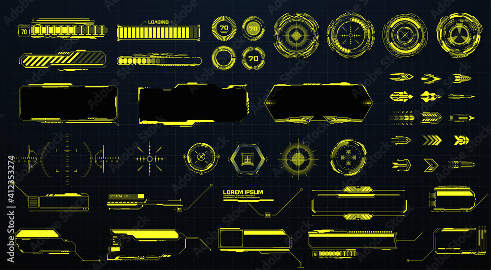 GUI, HUD, UI futuristic elements set. Sci Fi  Holographic hud user interface elements, high tech bars and frames. Isolated arrows, pointers, loading, circles, sight, callout bar labels. Vector  - obrazy, fototapety, plakaty 