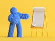 3d render. Furry blue monster stands near the presentation board. Blank business mockup. Educational concept. Clip art isolated on yellow background