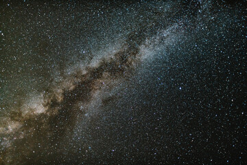 Photograph of the Milky Way in summer, with a sky full of stars and curious details