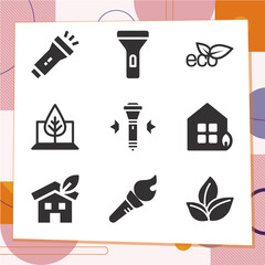 Simple set of 9 icons related to electric lamp