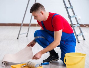 Wall Mural - Contractor worker preparing for wallpaper decoration