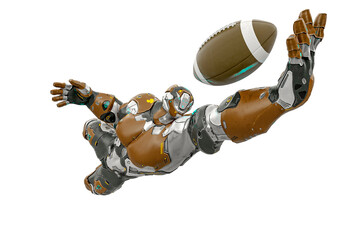Wall Mural - futuristic astronaut is jumping to catch an american football ball close up view