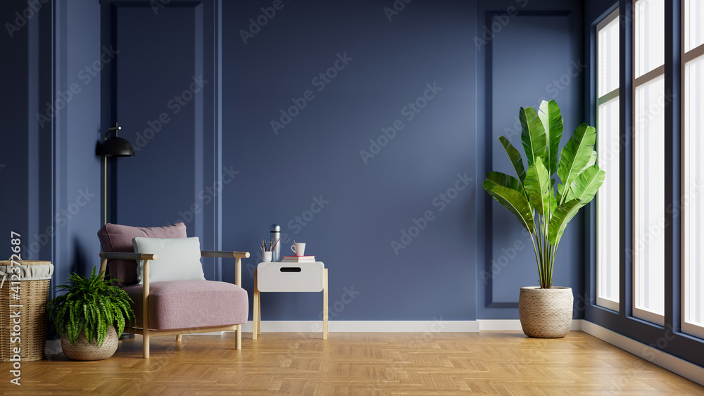 Interior of light room with armchair on empty dark blue wall background. - obrazy, fototapety, plakaty 