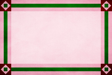 Red frame around a pink textured parchment background with green textured ribbon border trim and square in diamond design in corners.