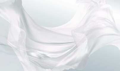 Wall Mural - 3d realistic flying white silk fabric. Abstract vector flying wave silk or satin fabric. Realistic fluttering white cloths.White Satin Silky Cloth Fabric Textile Drape with Crease Wavy Folds. Vector