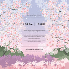 Vector Illustration Of Spring Landscape With Cherry Trees In Full Bloom. Design For Social Media, Party Invitation, Print, Frame Clip Art And Business Advertisement And Promotion