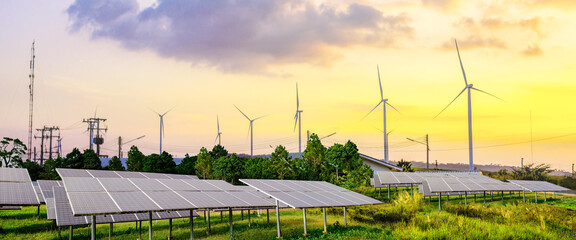Wall Mural - solar panels, photovoltaics, and wind turbines in rural area- alternative electricity source, concep