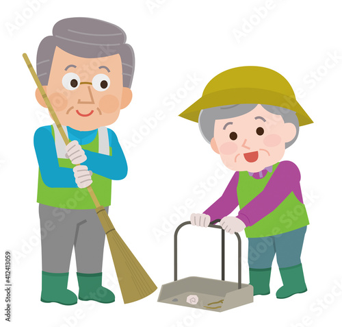 掃除をするシニア男女 ボランティア活動 町内清掃 イラスト Vektornyj Obekt Stock Adobe Stock