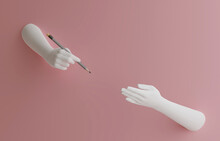 Decorative Female Hands Of A Mannequin Protruding From The Wall. One Hand Holds A Pencil, The Other Points.3d Illustration. Render.