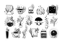 Collection Of Modern Boho Tattoos For Witch, Amulets. Vintage Stickers With Ritual Objects And Plants, Linear Hand Drawing. Vector Illustration Isolated On White Background