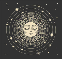 Wall Mural - vector illustration in modern vintage mystical style for tarot card, astrology, heavenly boho design