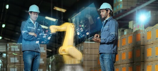 Wall Mural - engineer presenting machine engine with virtual reality augmented reality technology, smart factory 