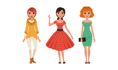 Canvas Print - Beautiful Girls in Fashionable Clothes Set, Three Young Women Wearing Stylish Elegant Outfit Cartoon Vector Illustration