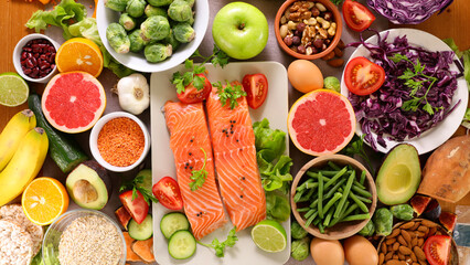 Canvas Print - health food selection- salmon, avocado, fruit, nuts