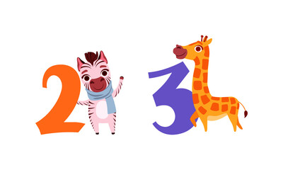 Poster - Two and Three Numbers with Cute Zebra and Giraffe, Birthday Anniversary Numerals with Funny Animals Cartoon Vector Illustration