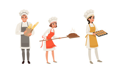 Poster - Professional Bread Bakers Set, Bakehouse Workers Holding Freshly Baked Bread and Baguette Cartoon Vector Illustration