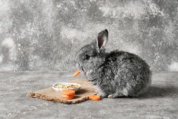 Cute funny rabbit with food on grey background