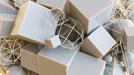 Abstract art of cubes, spheres and wireframe objects