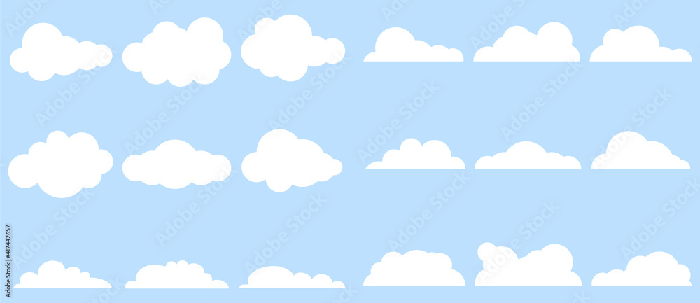 Clouds, large set of clouds isolated on a light blue background. Vector, cartoon illustration. Vector. - obrazy, fototapety, plakaty 