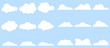 Clouds, large set of clouds isolated on a light blue background. Vector, cartoon illustration. Vector.