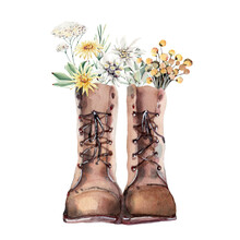 Watercolor Boots With Flowers Illustrations.