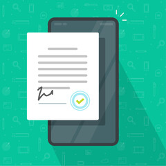 Wall Mural - mobile agreement or signed contract on smart cell phone screen with seal stamp vector flat cartoon i