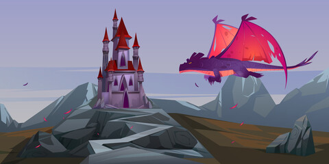 Wall Mural - Fairy tale castle and flying dragon with red wings in wasteland mountain valley. Vector cartoon fantasy illustration with medieval palace with towers, mythical creepy beast and rocks