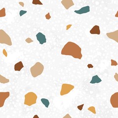 Fototapete - Italian terrazzo seamless pattern. Trendy endless texture design with repeatable scattered stone fragments of organic irregular shapes. Modern floor tile. Colored vector background at neutral colors