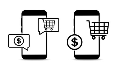 Shopping Online with Smartphone icon. Mobile phone with shopping cart and money icon. Illustration vector