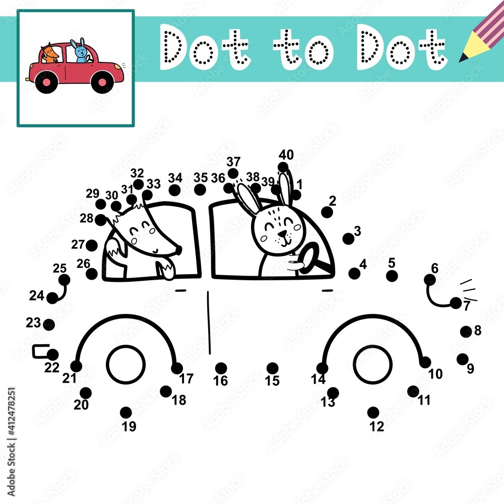 Connect The Dots And Draw Cute Rabbit And Fox Driving A Car Dot To Dot Game With Funny Animals Educational Page For Kids Vector Illustration Koty Obraz Fototapety Fototapetka Eu