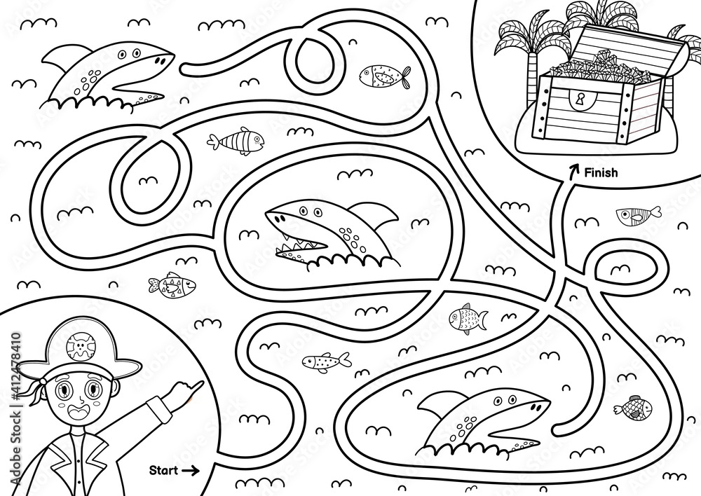 Black and white maze game for kids. Help the pirate find the way to the ...