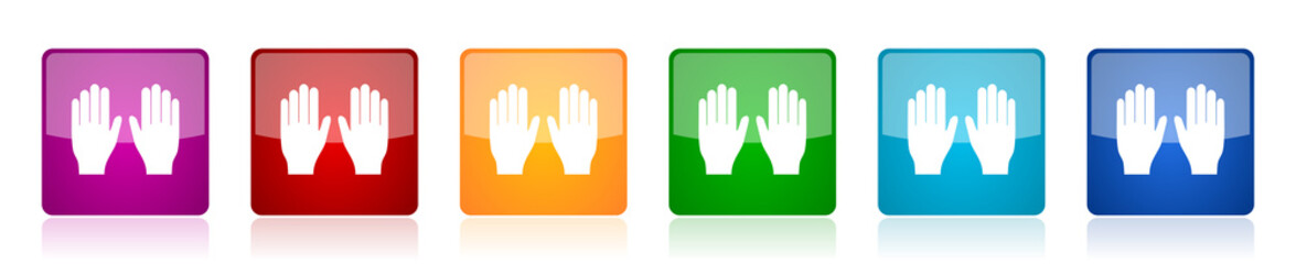 Aufkleber - Gloves, hands protection icon set, square glossy vector buttons in 6 colors options for webdesign and mobile applications