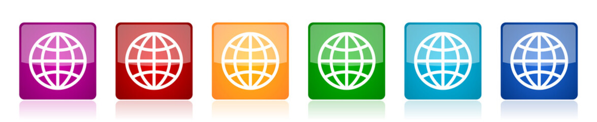 Leinwandbilder - World, globe icon set, square glossy vector buttons in 6 colors options for webdesign and mobile applications
