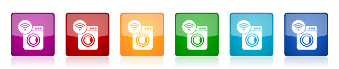 Aufkleber - Washing machine, internet, wifi icon set, square glossy vector buttons in 6 colors options for webdesign and mobile applications