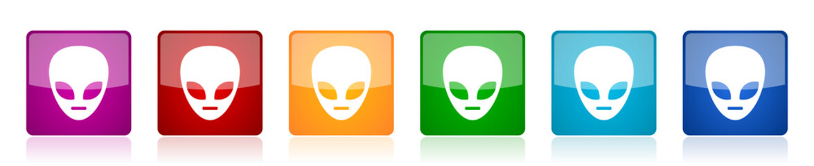 Poster - Alien face icon set, square glossy vector buttons in 6 colors options for webdesign and mobile applications
