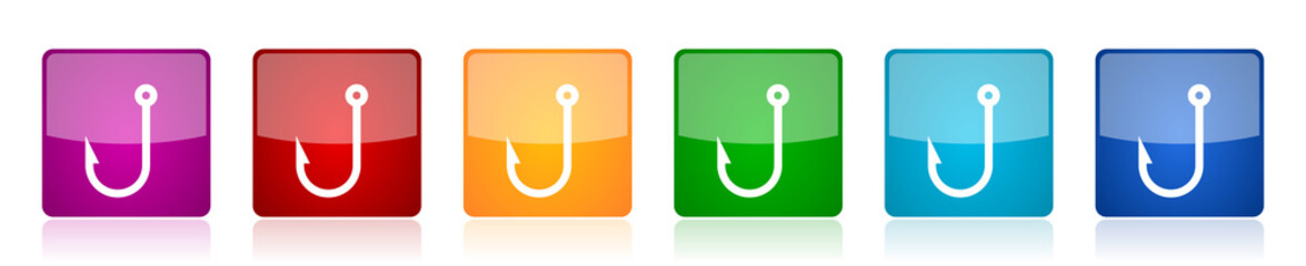 Poster - Fishing hook icon set, square glossy vector buttons in 6 colors options for webdesign and mobile applications