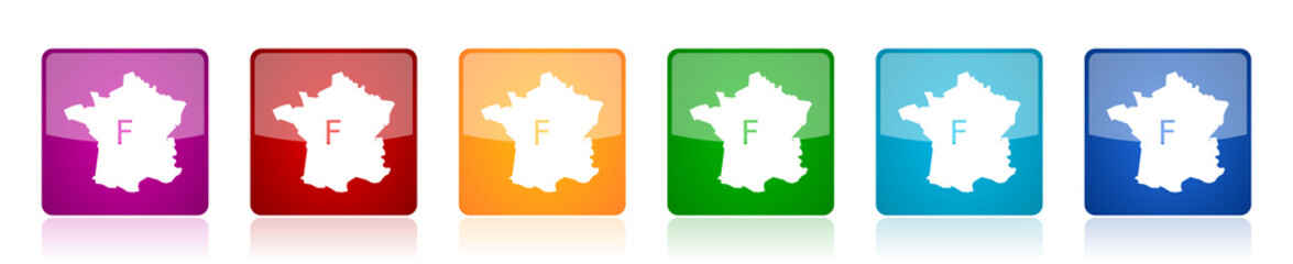 Leinwandbilder - Map of France icon set, square glossy vector buttons in 6 colors options for webdesign and mobile applications