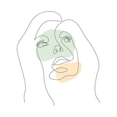 Poster - Continuous line drawing Woman's faces with abstact shapes. Minimal style portrait. Vector illustration for t-shirt, slogan design print graphics style