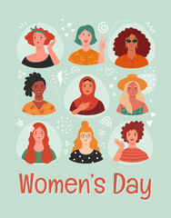 Wall Mural - Women's Day greeting card. Vector illustration of diverse multi ethnic cartoon women portraits in modern flat style. Isolated on light blue background with abstract doodle elements 
