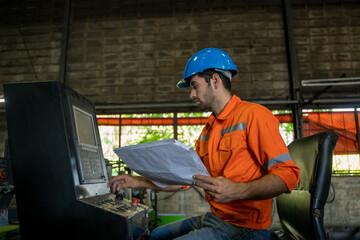 Aufkleber - Factory worker are working and watching blueprint for checking inspecting metal component at machine in factory.