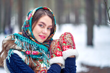 Russian Beauty In A Winter National Costume. Russian Winter.