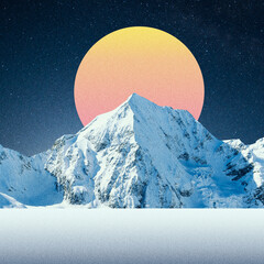 orange planet behind snowly mountain in the night. collage with cosmos and astronomy theme. negative
