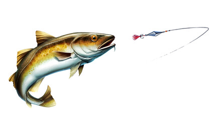 Wall Mural - Alaska Pollock, Mintai fish attack fish bait jigs and stakes spoon bait jumping out of water illustration isolate realistic.