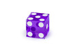 One purple glass dice isolated on white with light shadow. The result is five, macro photography. Blank for the designer.