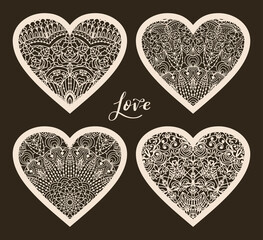 Wall Mural - Set of 4 Valentine card or Wedding Invitation with lace pattern. Layout congratulatory card with carved openwork pattern. Pattern suitable for laser cutting, plotter cutting or printing	
