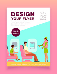 Poster - Flight attendant explaining safety instructions. Passenger, airplane, belt flat vector illustration. Travelling and vacation concept for banner, website design or landing web page