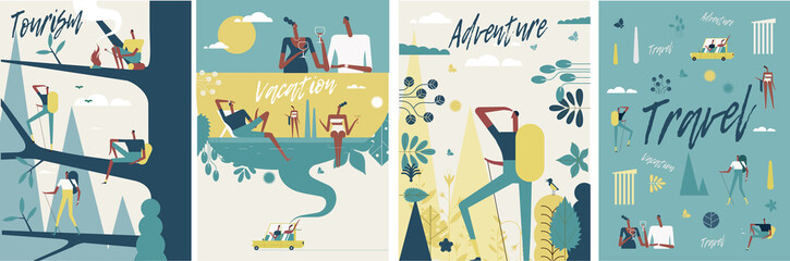 Tourism, Vacations and Adventures. Set of flat vector posters. Man exploring the environment. People in a car dreaming of a vacation by the sea. Poster, postcard or book cover.