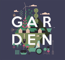 Wall Mural - Garden, Agriculture. Rural landscape and farm and agriculture objects. Lettering, poster.  Flat vector illustration.