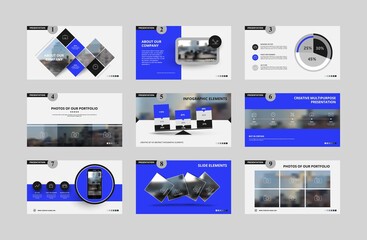 Wall Mural - Abstract white, blue presentation slides. Modern brochure cover design. Fancy info banner frame. Creative infographic elements set. Urban city font. Vector title sheet model. Ad flyer style template