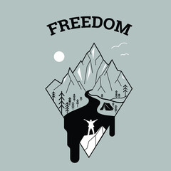 Wall Mural - Freedom, mountains. A man stands on the rock with hands up. Black and white illustration with a person, male and the wild nature. Forest, river, outdoor, park. Print design